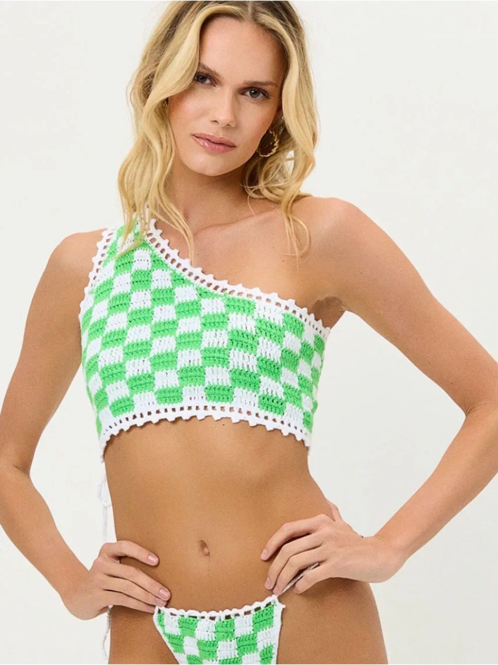 Frankie's Bikinis Checkered Crochet One-Shoulder Crop Top